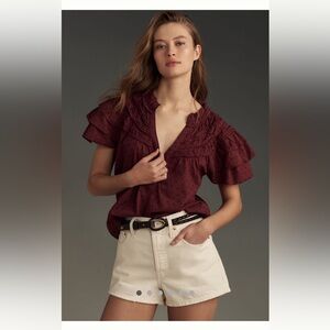 NWT Anthropologie Burgundy Ruffle Sleeve Top XXS